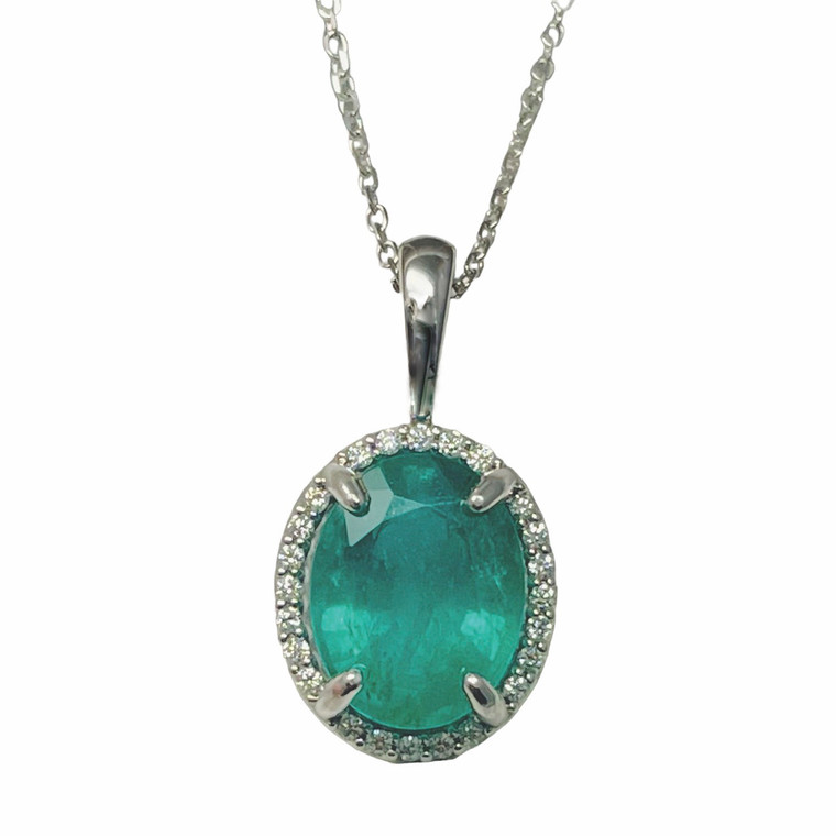 14K White Gold Emerald and Diamond Halo Necklace.  SKU: 700123.  Available at DiamondBayJewelers.com