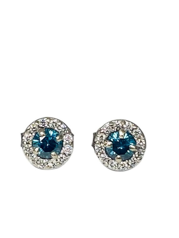 14k white gold diamond halo and irradiated blue diamond stud earrings available at www.diamondbayjewelers.com SKU020905