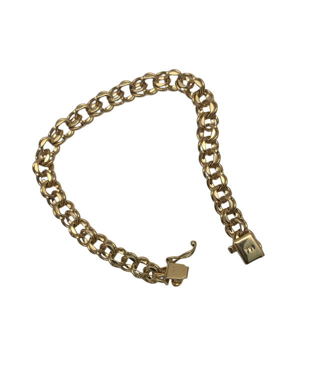 14K  Yellow Gold Double Link Charm Bracelet 7.5 inch  long 15.5 Grams 7mm Wide
Nice solid clasp with safety clasp available at www.diamondbayjewelers.com SKU:022124EB