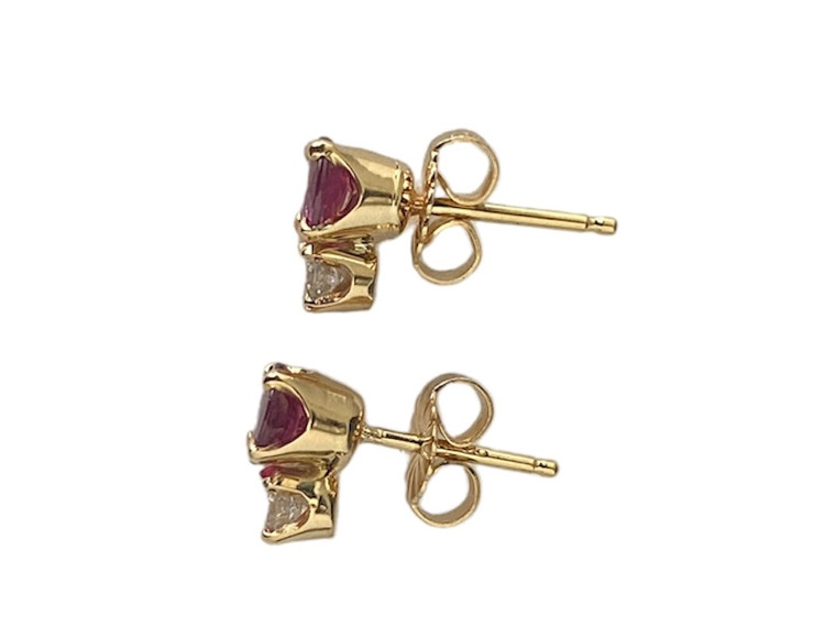 14k yellow gold earrings with 2 round natural diamonds .20CTW and 2 round natural red rubies .50CTW available at www.diamondbayjewelers.com SKU:27694