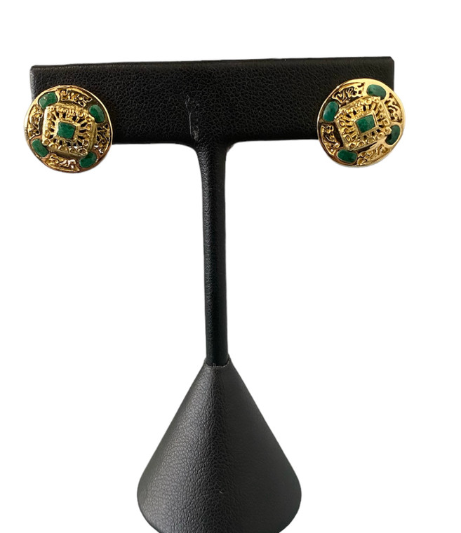 18k yellow gold earrings with cabochon emerald accents available at www.diamondbayjewelers.com SKU:2032404