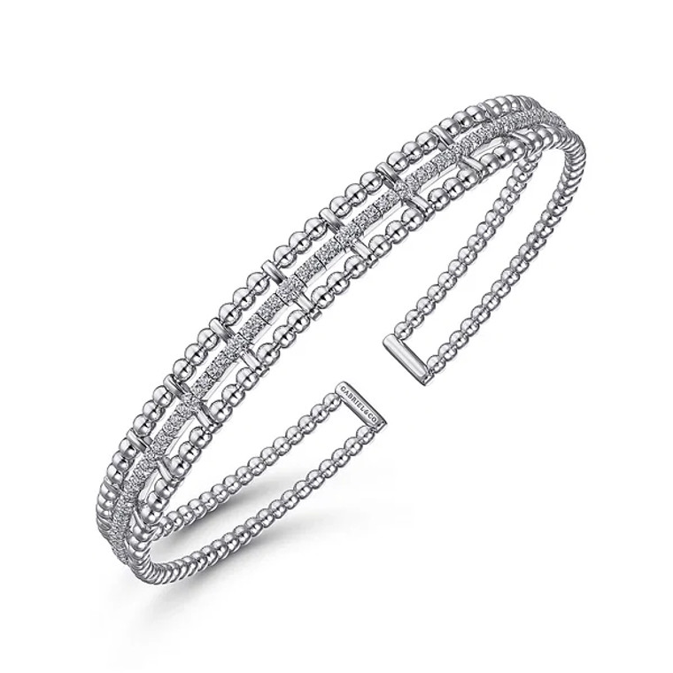 14K White Gold Bujukan Bead Cuff Bangle with Inner Diamond Channel SKU:4042402 available at www.diamondbayjewelers.com