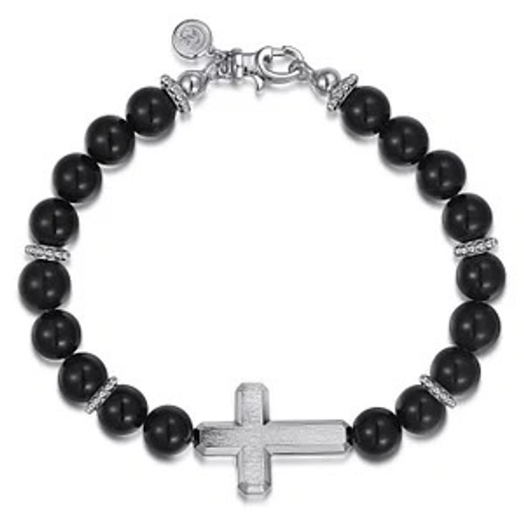 Sterling Silver and 8mm Onyx Beaded Bracelet with Cross TBM2037SVJOX SKU:5042407 Available at www.diamondbayjewelers.com mens jewelry