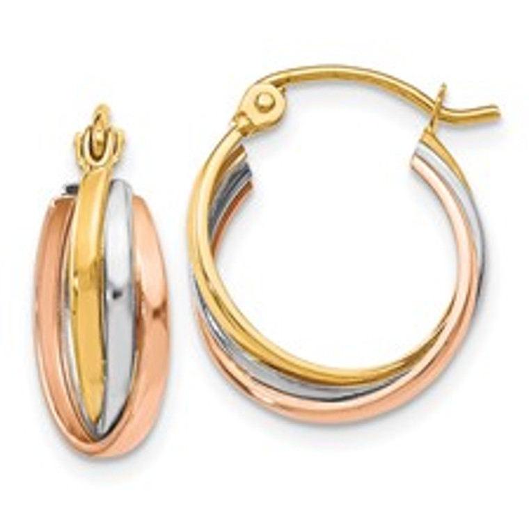 10K Tri-color Polished Hinged Hoop Earrings.  SKU: 10231.  Available at DiamondBayJewelers.com