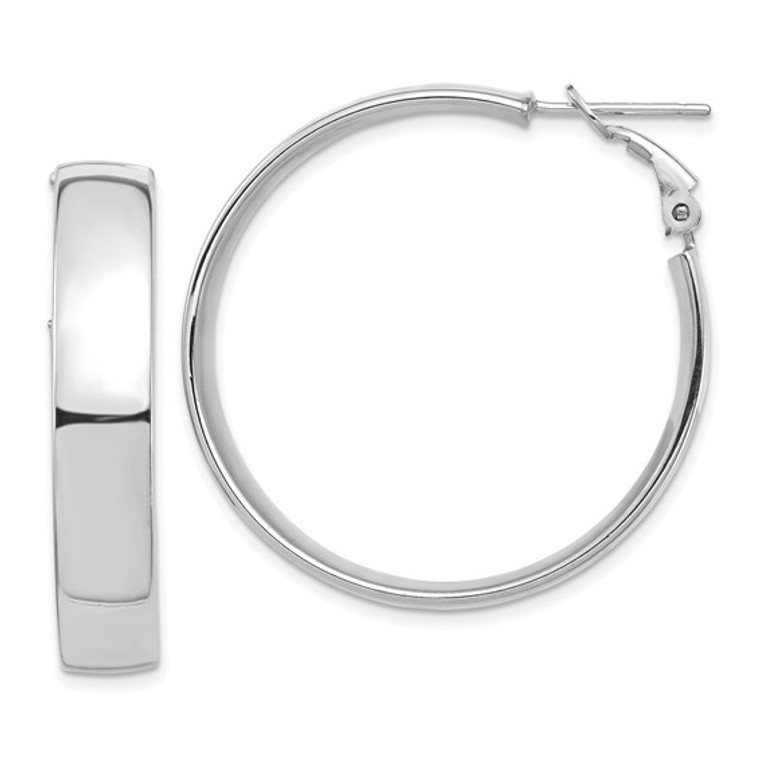 14k White Gold High Polished 7mm Omega Back Hoop Earrings.  SKU: 81672412.  Available at DiamondBayJewelers.com