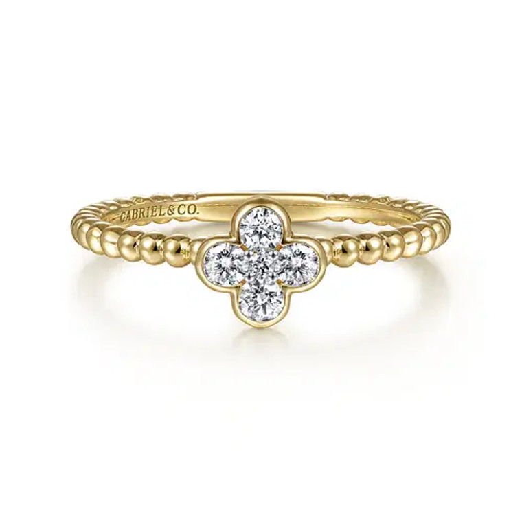 14K Yellow Gold Diamond Cluster Clover and Bujukan Bead Ring SKU:4032504 available at www.diaomondbayjewelers.com