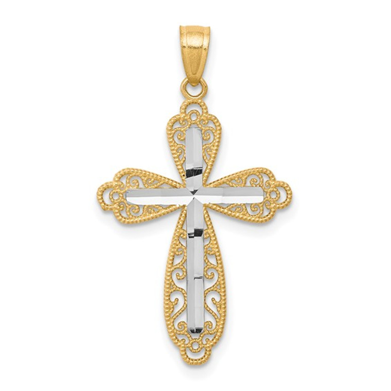 10K with Rhodium Diamond-Cut Cross Pendant SKU:3052501 available at www.diamondbayjewelers.com
