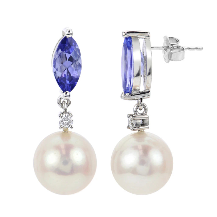 14KT White Gold Freshwater Pearl and Tanzanite Earrings.  SKU: 927716.  Available at DiamondBayJewelers.com