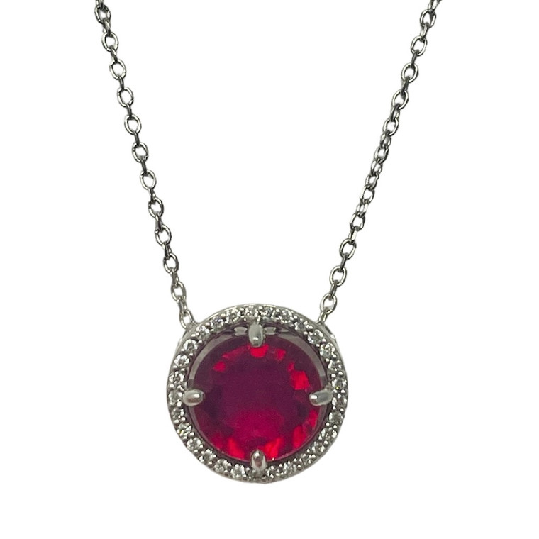 14k white gold Ruby and diamond halo pendant.  SKU: 86066.  Available at DiamondBayJewelers.com