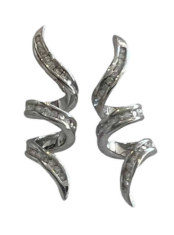 14K White Gold Diamond Dangle Spiral Earrings.  SKU: 212110.  Available at DiamondBayJewelers.com