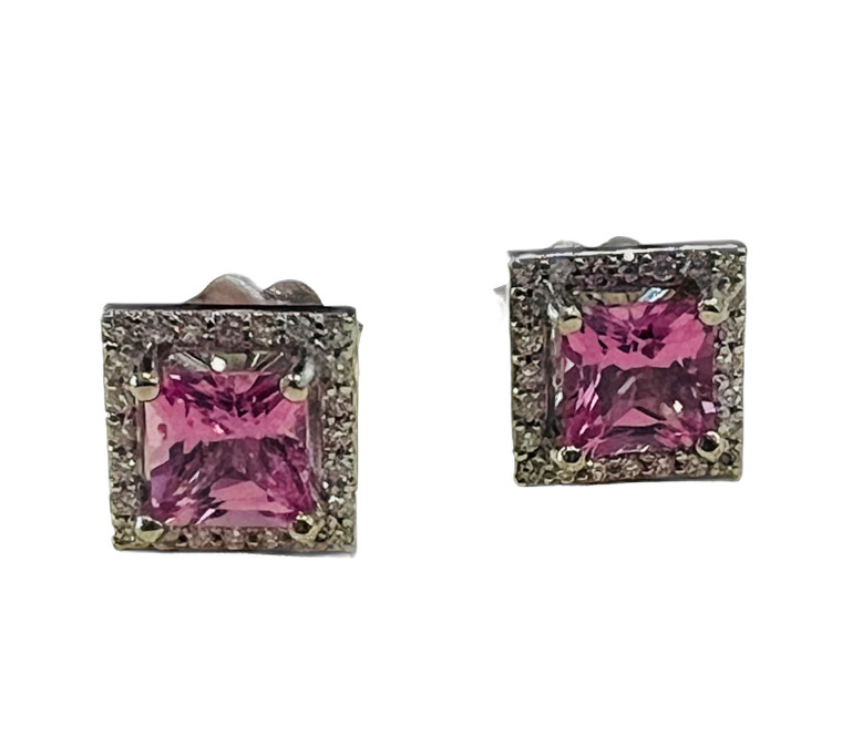 14K white gold Pink sapphire and diamond earrings.  SKU: 29232.  Available at DiamondBayJewelers.com