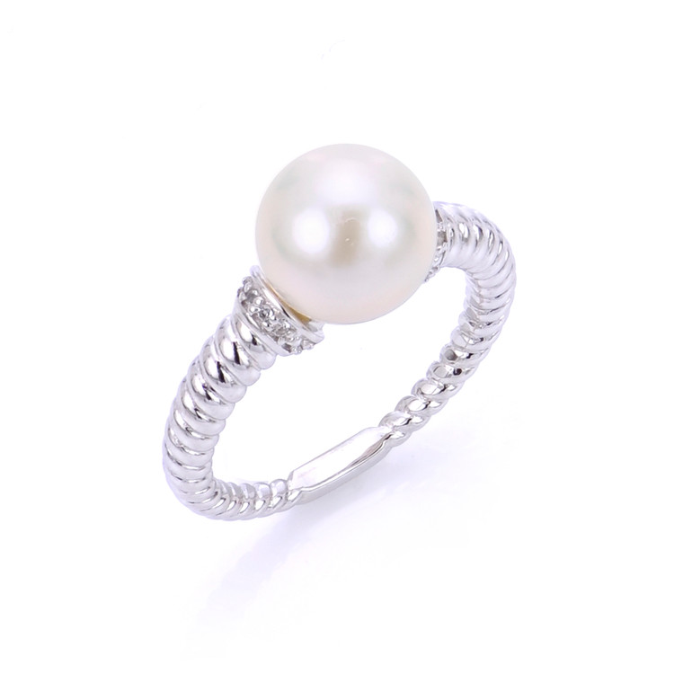 Sterling Silver Fresh Water Cultured Pearl White Topaz Twisted Band Ring.  SKU: 616809.  Available at DiamondBayJewelers.com