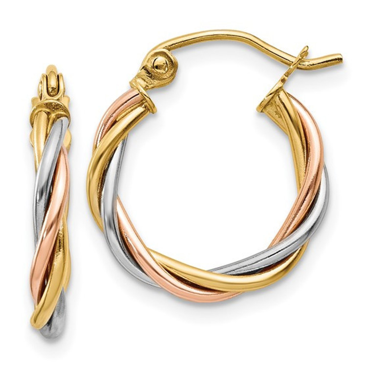 14K Tri Color Gold Twist Hoop Earring.  SKU: TE232.  Available at DiamondBayJewelers.com
