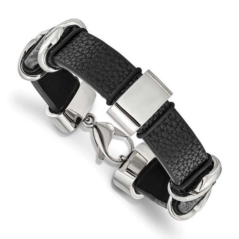 Stainless Steel Black Leather Bracelet.  SKU: SRB1981-8.5.  Available at DiamondBayJewelers.com