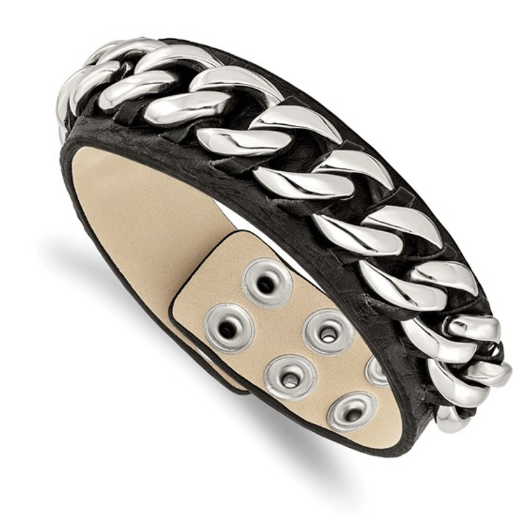 Stainless Steel Black Leather & Chain Bracelet.  SKU: SRB1009-8.5.  Available at DiamondBayJewelers.com