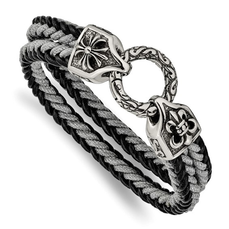 Stainless & Leather/Cotton Antiqued Braided Bracelet.  SKU: SRB2455-8.  Available at DiamondBayJewelers.com