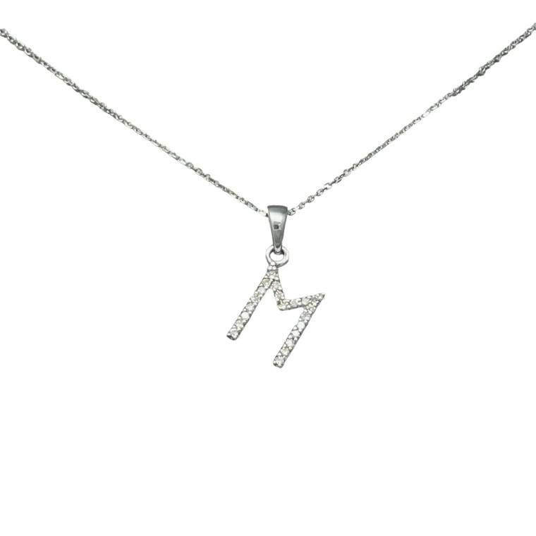 14K White Gold Diamond Initial M Necklace with adjustable chain.  SKU: 6038.  Available at DiamondBayJewelers.com