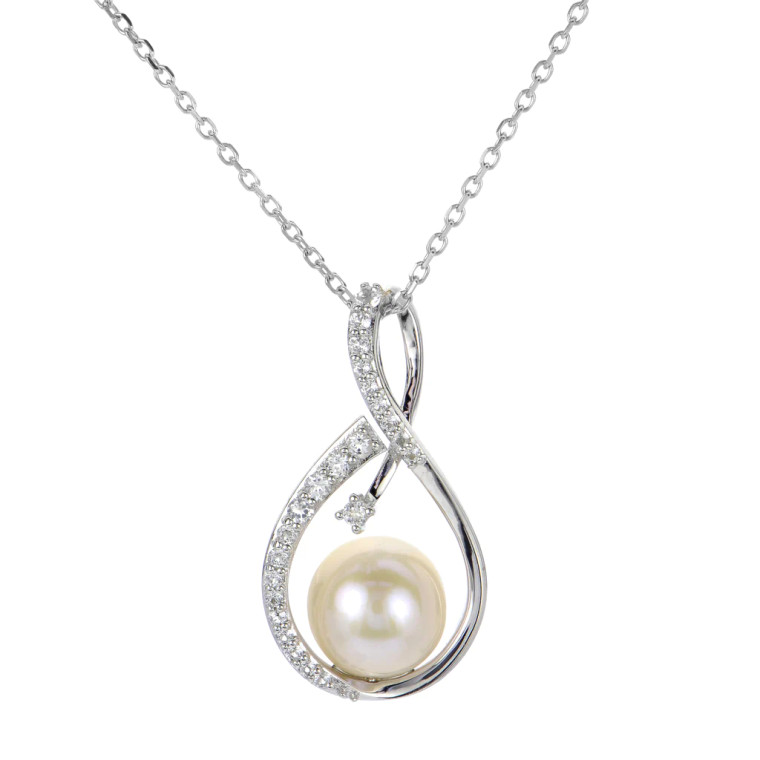 Sterling Silver FW Pearl & White Topaz Necklace.  SKU: 682180/FW18.  Available at DiamondBayJewelers.com