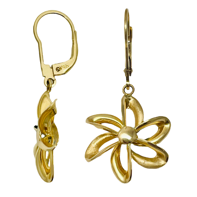 14K Yellow Gold Flower Dangle Earrings.  SKU: 1493.  Available at DiamondBayJewelers.com