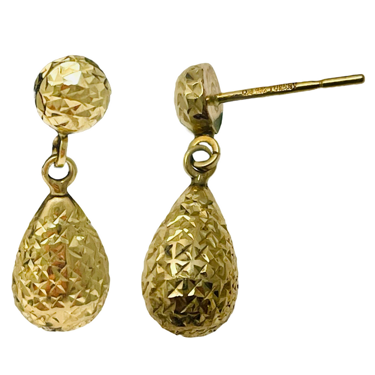 14K Yellow Gold Diamond Cut Ball & Pear Dangle Earrings.  SKU: 1494.  Available at DiamondBayJewelers.com