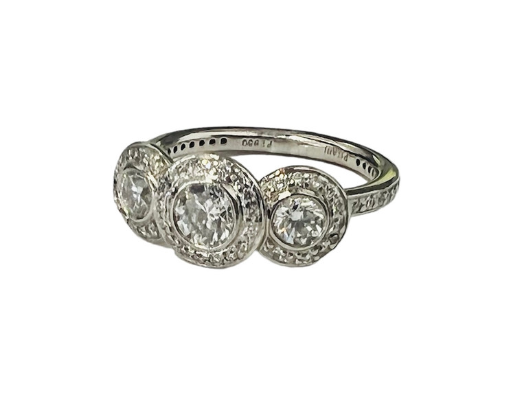 3 Stone Ritani Halo Platinum Wedding Band.  SKU: 104555.   Available at DiamondBayJewelers.com