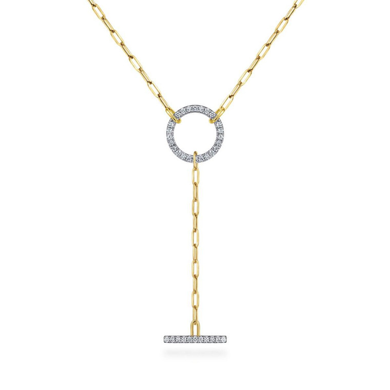 Gabriel & Co. 14K Yellow Gold Diamond Circle and Bar Y-Knot Necklace with Hollow Paperclip Chain.  SKU: 11116.  Available at DiamondBayJewelers.com