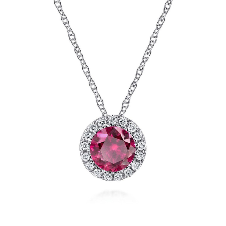 Gabriel & Co. 14K White Gold Ruby and Diamond Halo Pendant Necklace.  SKU: 11073.  Available at DiamondBayJewelers.com NK2824W45RA