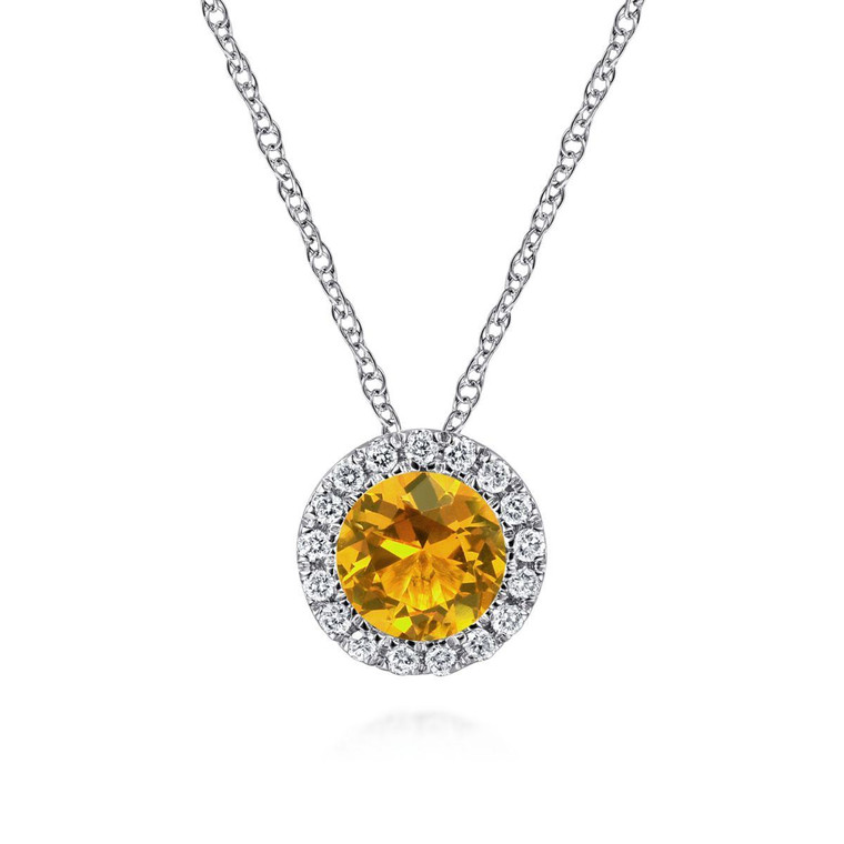Gabriel & Co. 14K White Gold Round Citrine and Diamond Halo Pendant Necklace.  SKU: 11067.  Available at DiamondBayJewelers.com