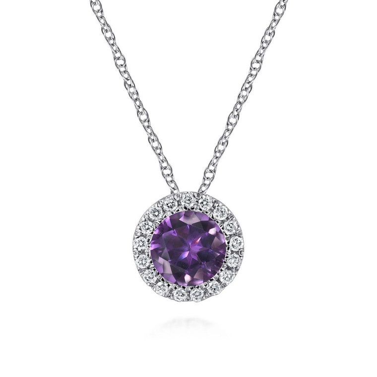 Gabriel & Co. 14K White Gold Amethyst and Diamond Halo Pendant Necklace.  SKU: 11064.  Available at DiamondBayJewelers.com NK2824W45AM