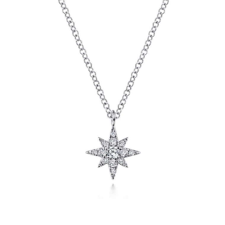 Gabriel & Co. 14K White Gold Diamond Pavé Starburst Pendant Necklace.  SKU: 11080.  Available at DiamondBayJewelers.com NK6126W45JJ