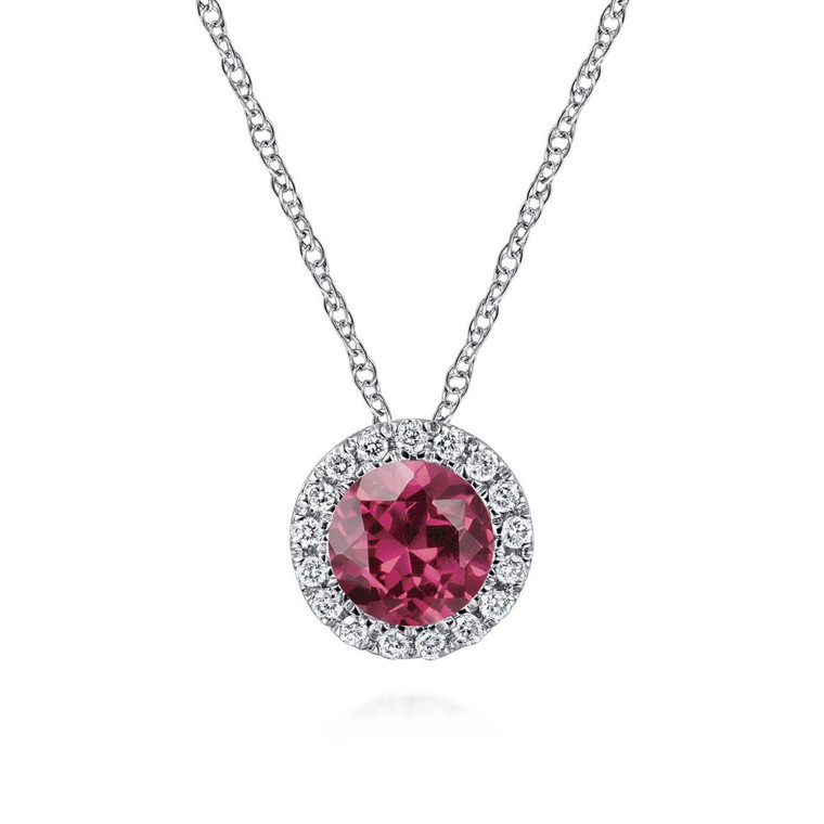 Gabriel & Co. 14k White Gold Diamond Halo & Pink Tourmaline Pendant Necklace.  SKU: 11072.  Available at DiamondBayJewelers.com NK2824W45PT
