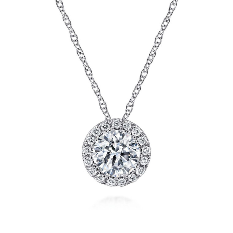 Gabriel & Co. 14K White Gold Diamond Halo Pendant Necklace.  SKU: 11070.  Available at DiamondBayJewelers.com NK2824W45JJ