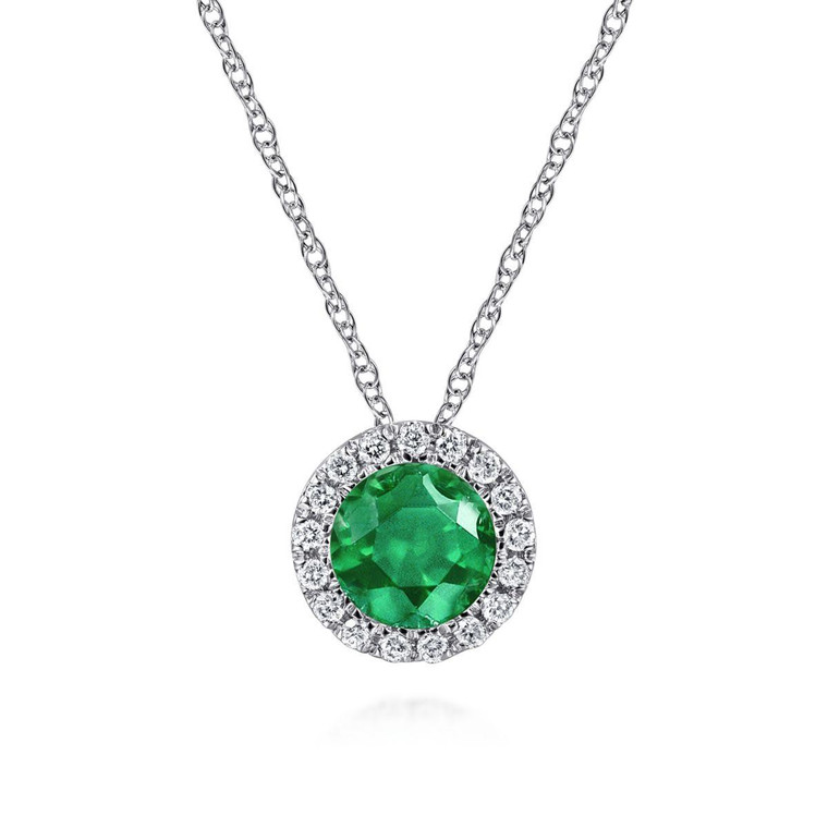 Gabriel & Co. 14K White Gold Emerald and Diamond Halo Pendant Necklace.  SKU: 11068.  Available at DiamondBayJewelers.com NK2824W45EA