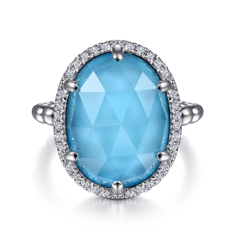 Gabriel & Co. 925 Sterling Silver Oval Rock Crystal and Turquoise Signet Ring with White Sapphire Halo.  SKU: 11045.  Available at DiamondBayJewelers.com