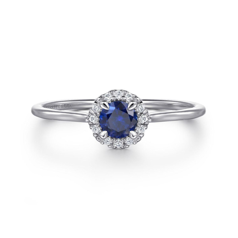 Gabriel & Co. 14K White Gold Blue Sapphire and Diamond Halo Promise Ring.  SKU: 11027.  Available at DiamondBayJewelers.com LR51264W45SA