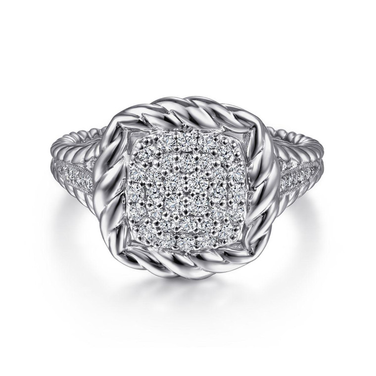 Gabriel & Co. 925 Sterling Silver White Sapphire Pavé Signet Ring with Rope Frame.  SKU: 11043.  Available at DiamondBayJewelers.com