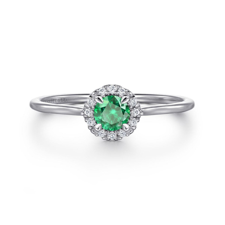 Gabriel & Co. 14K White Gold Emerald and Diamond Halo Promise Ring.  SKU: 11020.  Available at DiamondBayJewelers.com LR51264W45EA