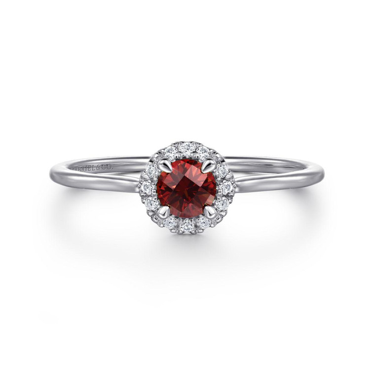 Gabriel & Co. 14K White Gold Garnet and Diamond Halo Promise Ring.  SKU: 11021.  Available at DiamondBayJewelers.com LR51264W45GN