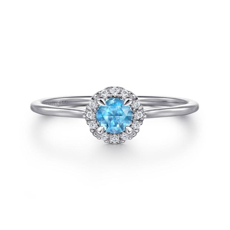 Gabriel & Co. 14K White Gold Blue Topaz and Diamond Halo Promise Ring.  SKU: 11018.  Available at DiamondBayJewelers.com LR51264W45BT