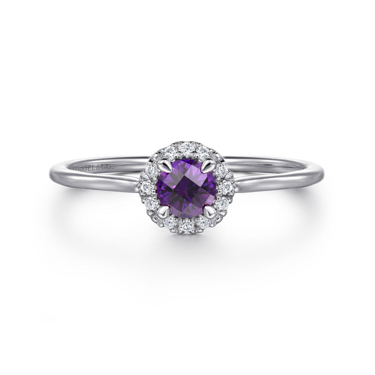 Gabriel & Co. 14K White Gold Amethyst Diamond Halo Promise Ring.  SKU: 11016.  Available at DiamondBayJewelers.com