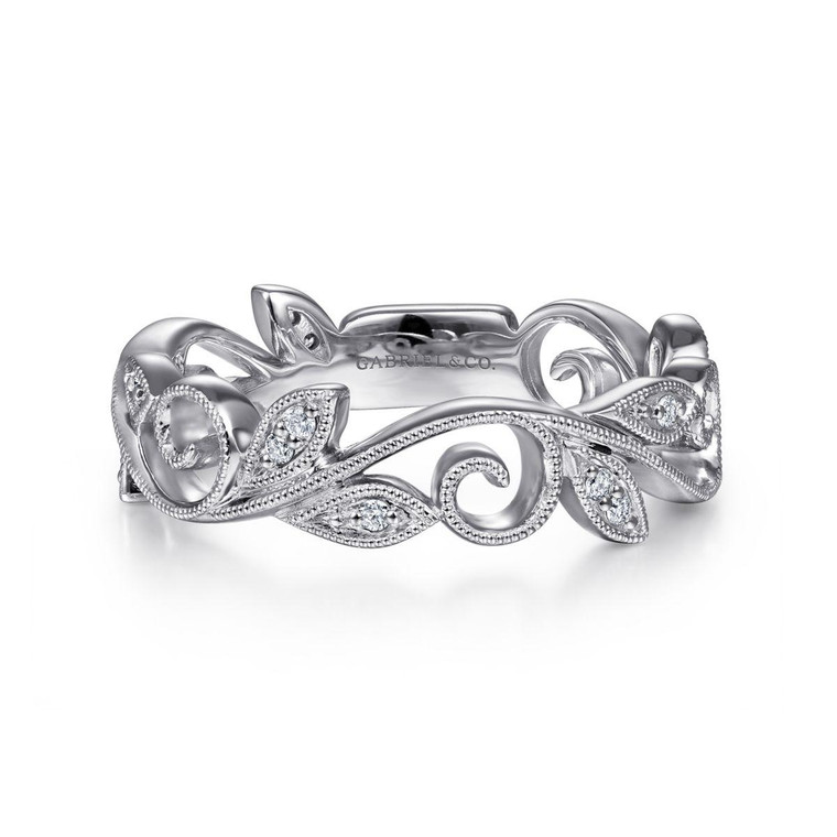 Gabriel & Co. 14K White Gold Scrolling Floral Diamond Stackable Ring.  SKU: 11010.  Available at DiamondBayJewelers.com