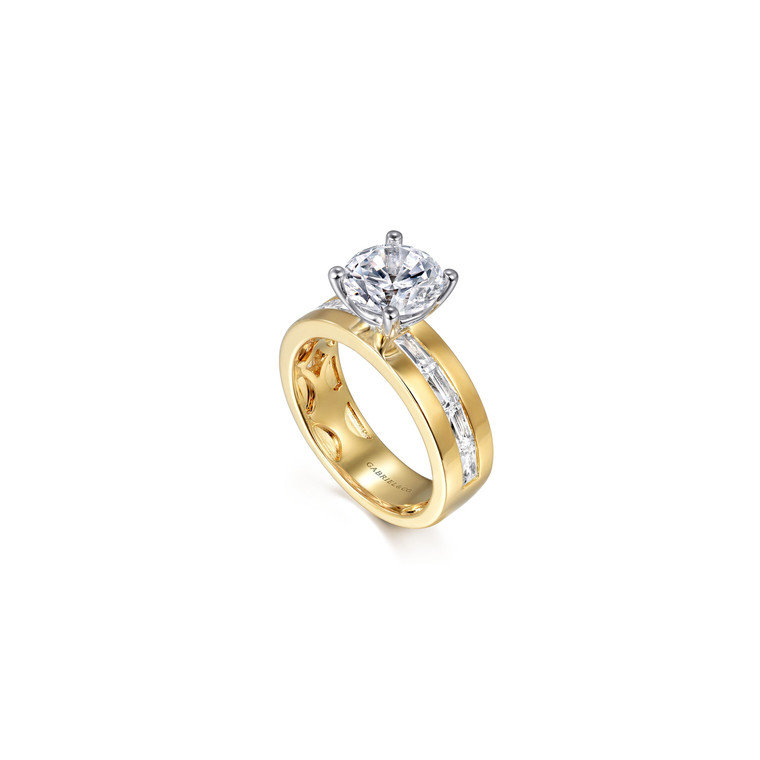 Gabriel & Co. 14K Yellow-White Gold Wide Band Round Diamond Engagement Ring.  SKU: 11002.  Available at DiamondBayJewelers.com