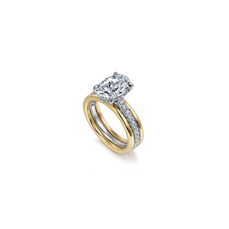 Gabriel & Co. 14K Yellow-White Gold Wide Band Oval Diamond Engagement Ring.  SKU: 11000.  Available at DiamondBayJewelers.com