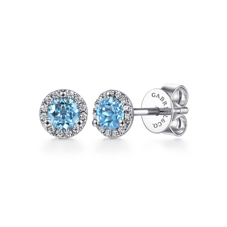 Gabriel & Co. 14K White Gold Diamond Halo & Swiss Blue Topaz Stud Earrings.  SKU: 10914.   Available at DiamondBayJewelers.com EG12372W45BT