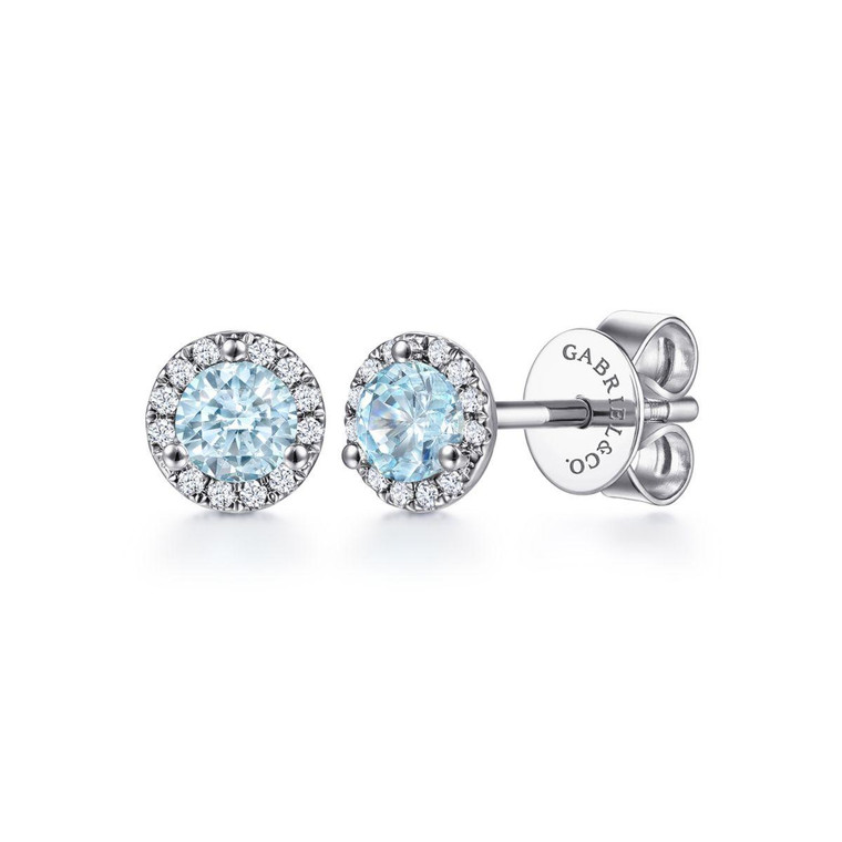 Gabriel & Co. 14K White Gold Halo Aquamarine and Diamond Stud Earrings.  SKU: 10913.  Available at DiamondBayJewelers.com EG12372W45AQ