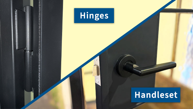 Steel interior door hardware closeup showing handleset and lock detail