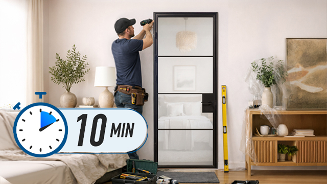 Steel interior door installation demonstration showing easy pin hinge setup