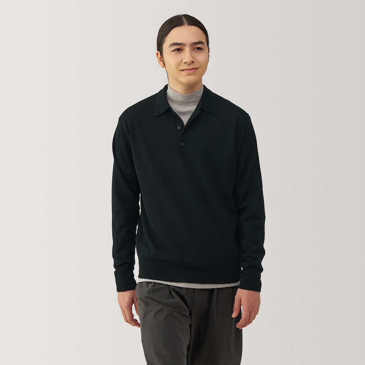 Herren Langarm‐Polo‐Pullover aus feinem Wollstrick MUJI