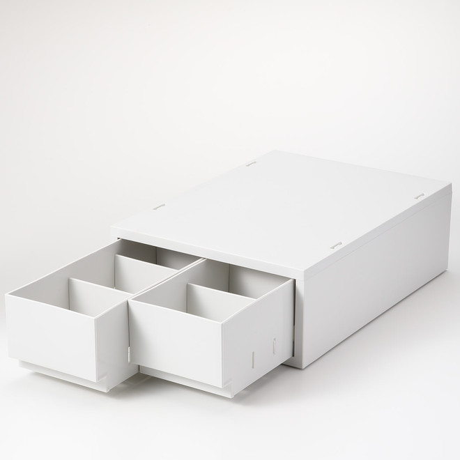 Aufbewahrungsschrank mit 2 Schubladen, Weiß-grau, stapelbar – [26 x 37 cm] – Höhe 12 cm
