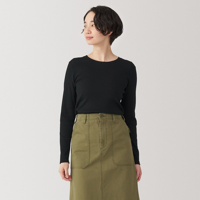 Damen‐Langarm‐T‐Shirt mit geripptem Rundhalsausschnitt aus Sojafasermischung